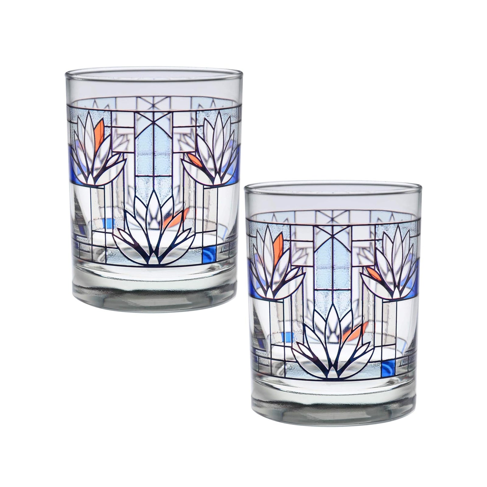 Two glass tumblers with stained glass design on a white background