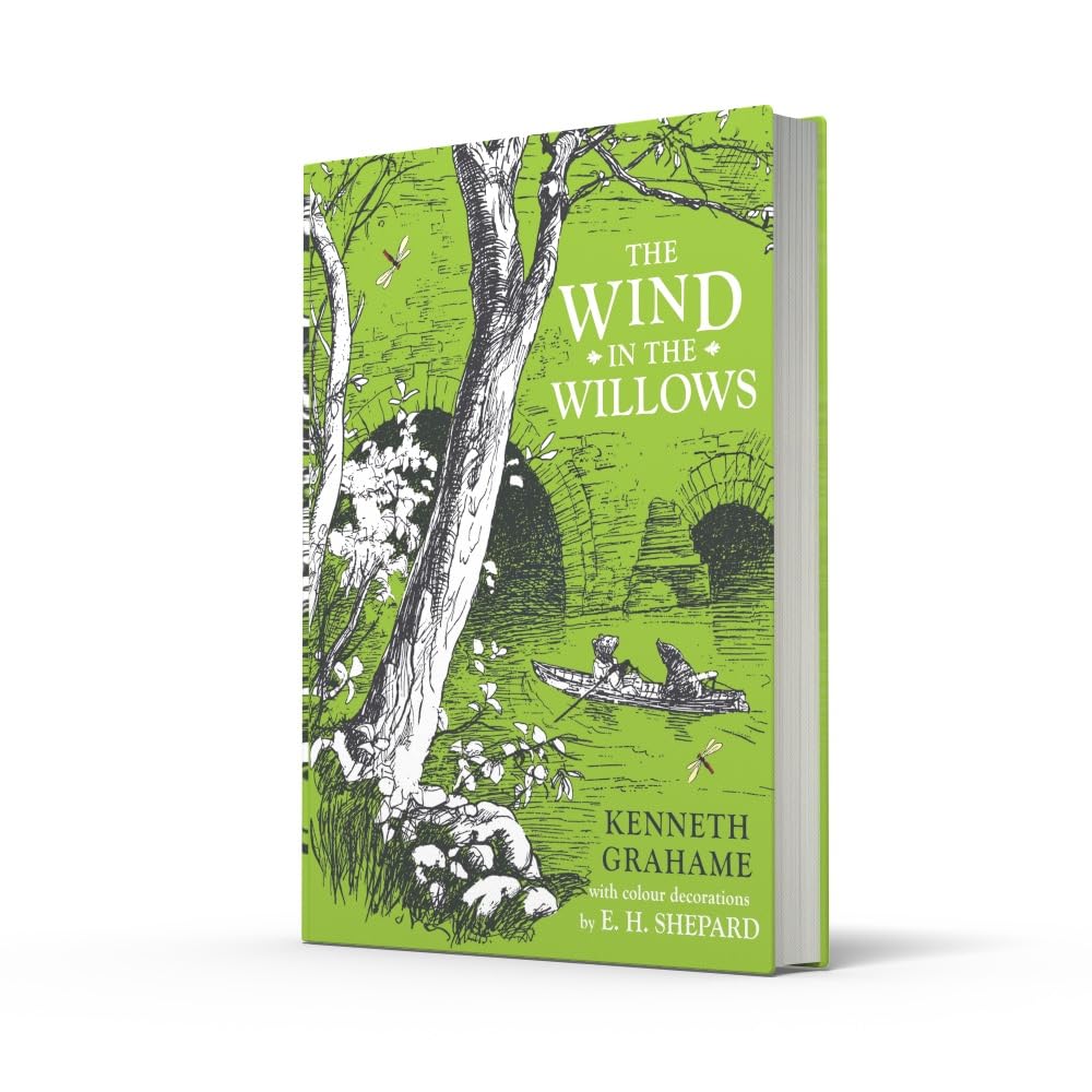 Book cover of 'The Wind in the Willows' with green background and black illustrations.