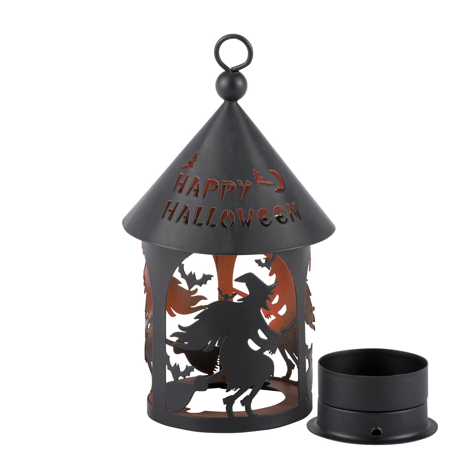 Black Halloween lantern with 'Happy Halloween' text and witch design on a white background