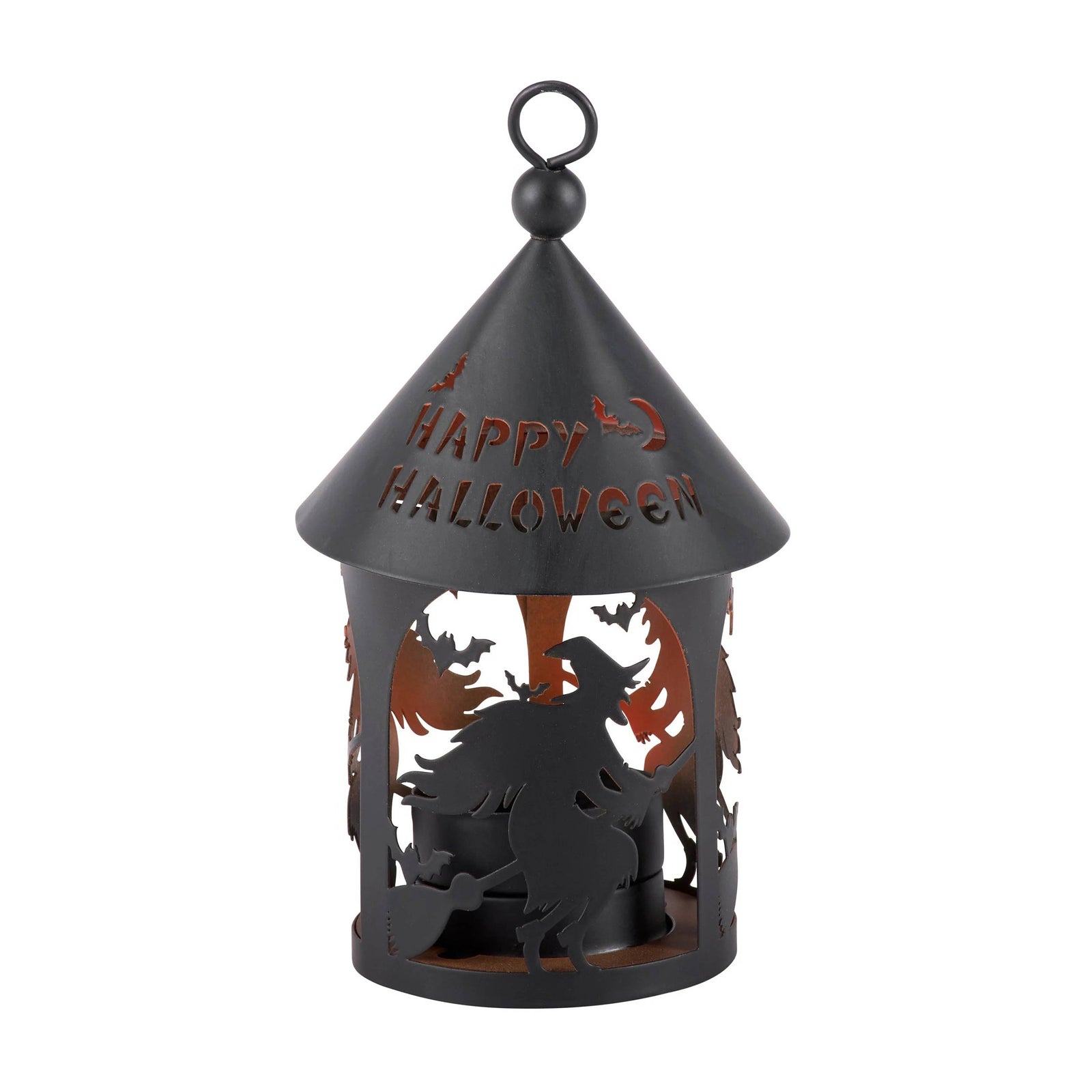 Black Halloween lantern with 'Happy Halloween' text and witch design on a white background