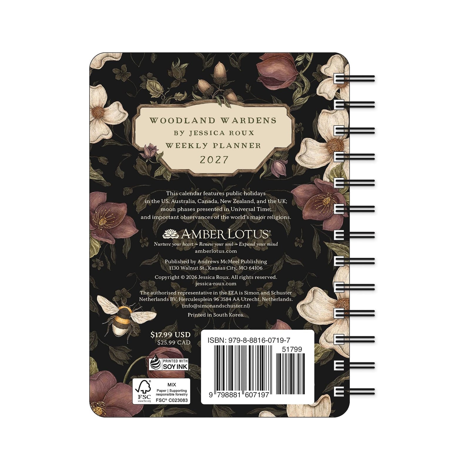 Woodland Wardens 2027 Weekly Planner notebook with a spiral binding, featuring an illustration of an otter surrounded by flowers and foliage on a dark background.