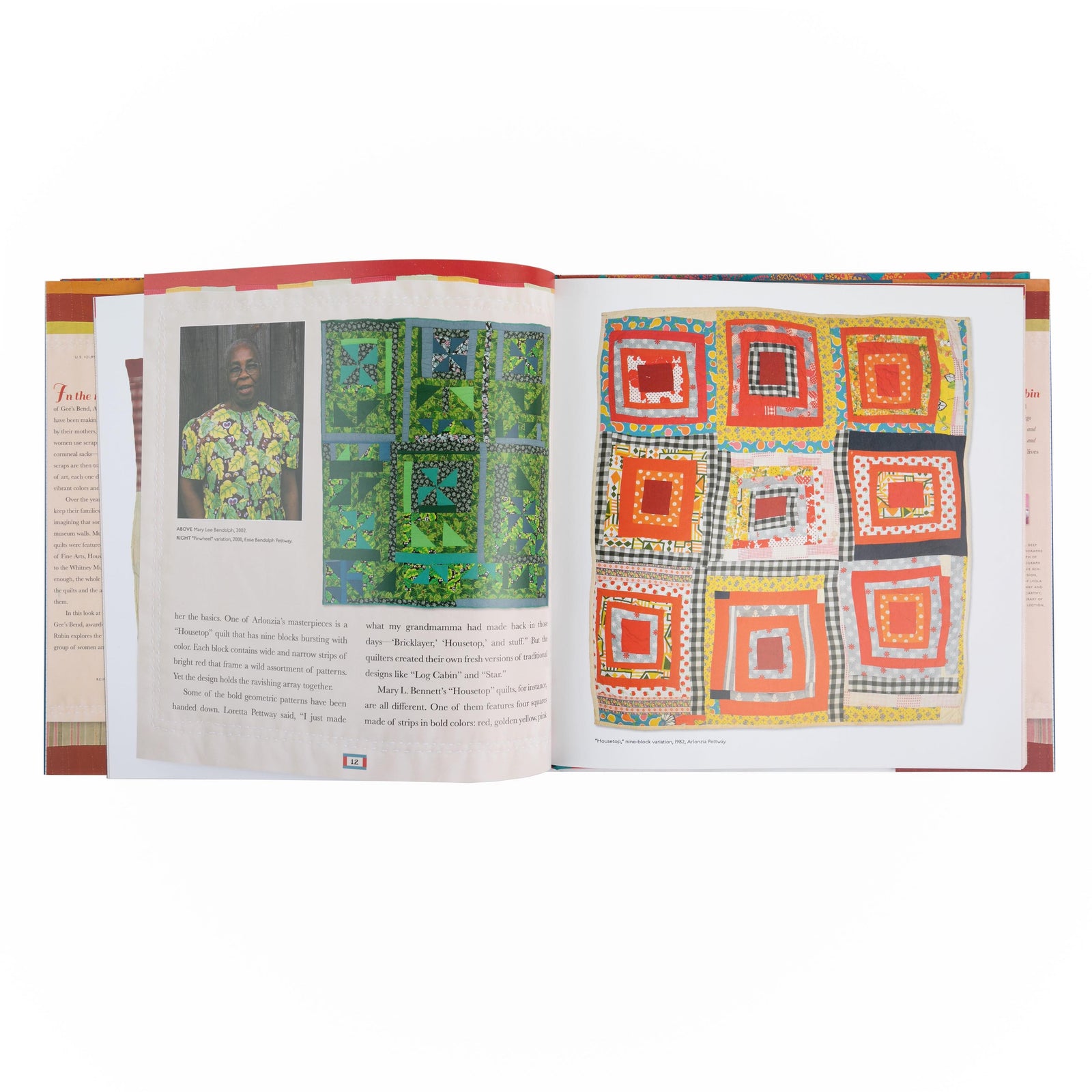 A book cover of 'The Quilts of Gee's Bend' featuring a colorful quilt design and photographs of the quilts and individuals.