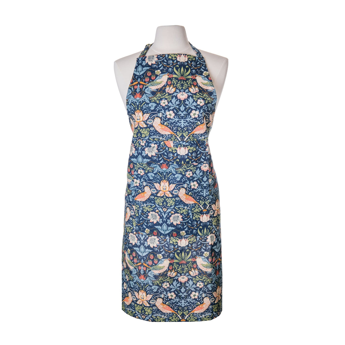 A blue apron with the Strawberry Thief textile pattern featuring birds and other wildlife.