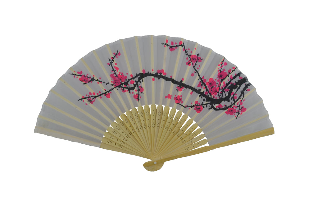 Both pretty & practical whether used as an elegant fashion accessory or as a useful tool to keep you cool. With a sandalwood frame, and fabric fan printed with a cherry blossom print, this easy to carry fan is a warm weather essential. Wood frame, printed fabric fan Length when closed: 8" Size when open: 14" x 8".