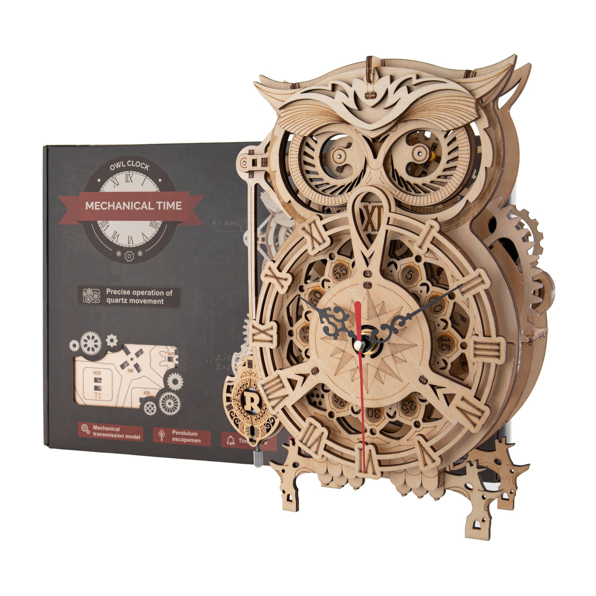 Turn 2D pieces into a 3D masterpiece! This exceptional natural wood kit makes a mechanical Owl Clock which is both a work of art and a great conversation starter. Features a swinging pendulum, functioning clock, and even a ringing timer.  Recommended for ages 14+ Assembled size: 8.11 x 5.04 x 10.43 inches. 161 pcs.