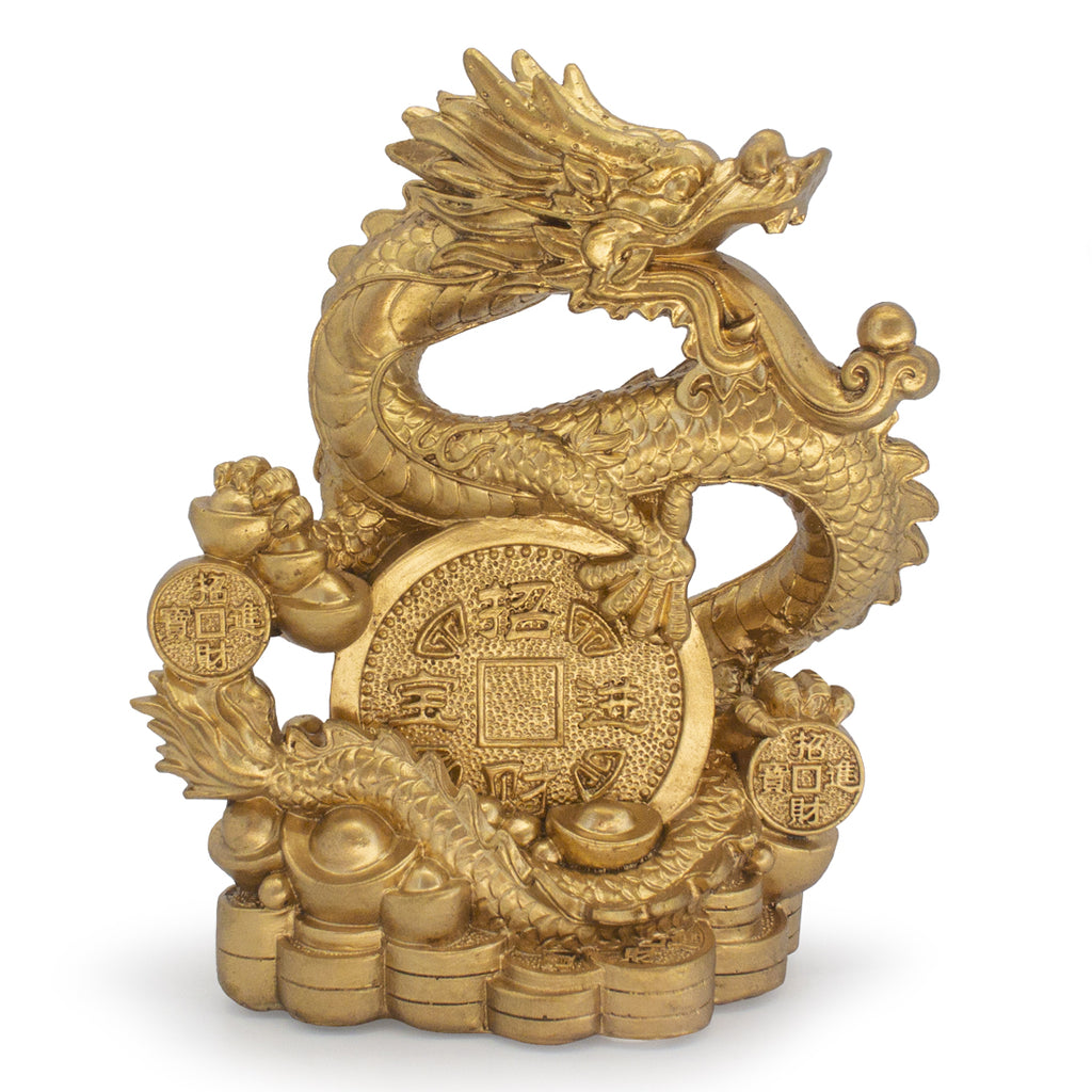 The dragon is one of four benevolent animals in Asian culture and folklore. Though fierce in appearance, the dragon is a symbol of success, health and energy. This dragon sits astride coins and amulets – delivering a message of financial success and security. Brass color finish. Size: 6" x 5".