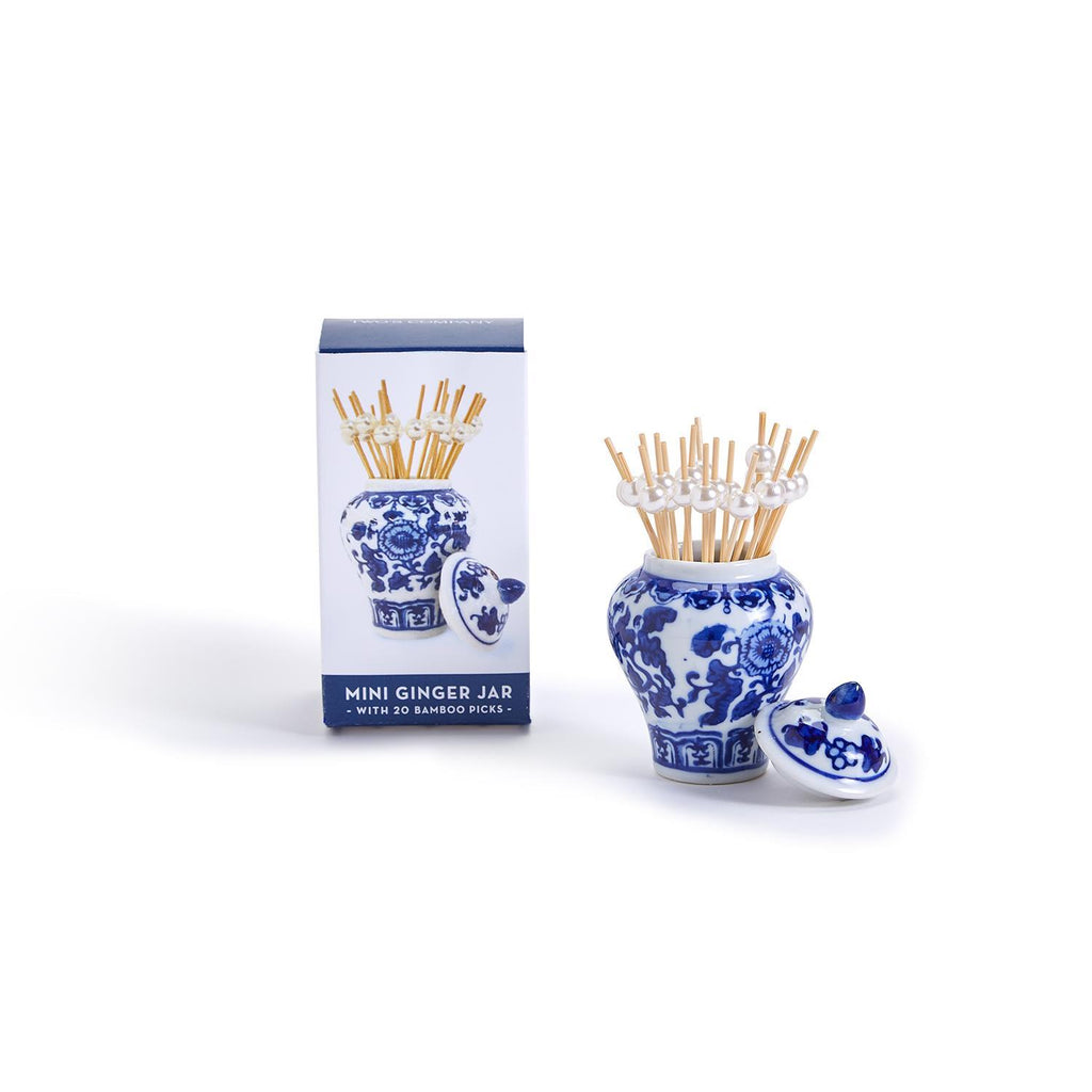 This mini ginger jar complete with 20 bamboo picks, makes for a charming and useful statement in your kitchen. The traditional blue and white floral design ins hand-painted onto white porcelain. Each Jar comes with 20 reusable bamboo picks Jar: 3" H x 2" Dia; picks: 3 1/2" H.