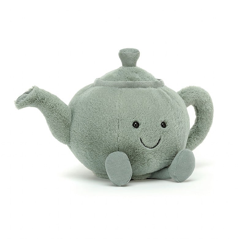 Amuseable Teapot is short, stout and splendid! In minty grey with a soft loop of handle, bobbly lid and curving spout, this plump chinaware chum is intent on brewing up a soothing cup or three! An all-round good'un with suedey accents and a reassuring grin. Size: 8" x 7".  Suitable from birth. Hand wash only.