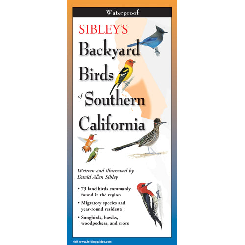 Written and illustrated by David Allen Sibley, America’s most widely respected bird illustrator and ornithologist, this fold-out, waterproof guide is the perfect, easy-store reference guide to tuck in your backpack when hiking in Southern California. 73 backyard bird species are covered. panels each 4″ X 9″.