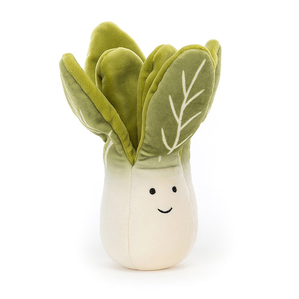 Vivacious Vegetable Bok Choy is a sturdy scamp in stretchy fur! Chunky, cheery and huggably hearty, with a mighty crown of stitchy leaves, this veggie has a cool ombre stalk fading from green to cream. Pop this stir-fry silly on the worktop and cook along together! Size: 7" x 2". Suitable from birth. Hand wash only.
