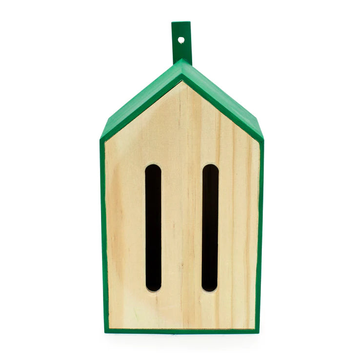 The Little Butterfly House is an attractive and ready-to-hang home for butterflies. It features two vertical slotted 'doors' that invite butterflies in and keep them safe from birds and predators. The Little Butterfly House is an inviting habitat for butterflies. Beautiful and simple to hang, 4.8 x 3.54 x 9.06 inches.