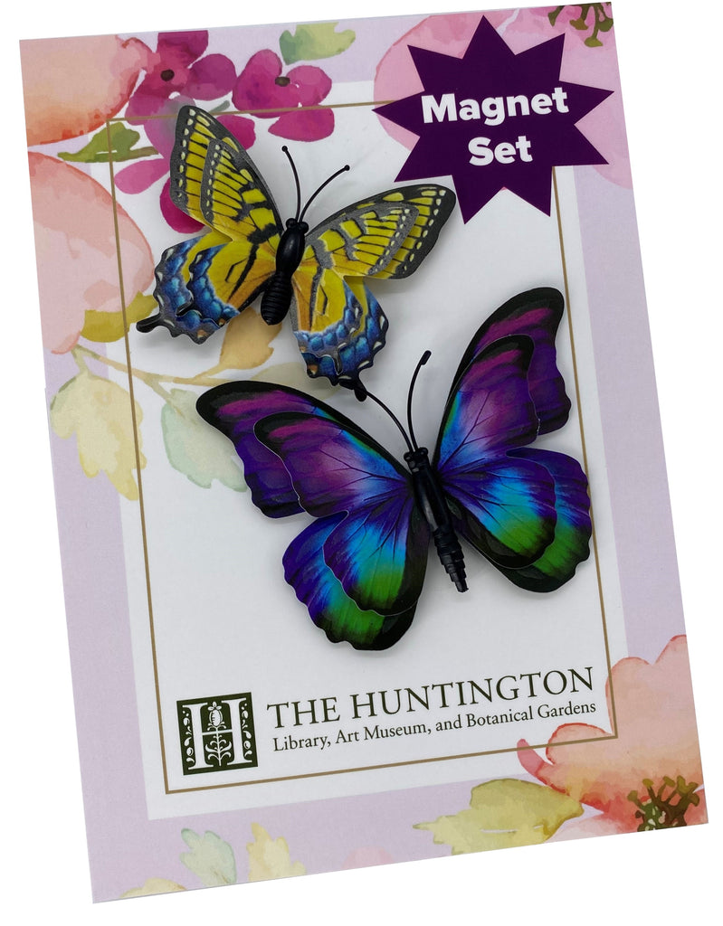Take home a flutteringly pretty memento of your visit to our gardens with this glow-in-the-dark butterfly magnets. Place the butterflies near a bright light and see little accents glowing in the dark for a few minutes. Pack of two butterfly magnets Size: 3" x 2.5 " and 2.5" x 2" Exclusive to the Huntington Store.