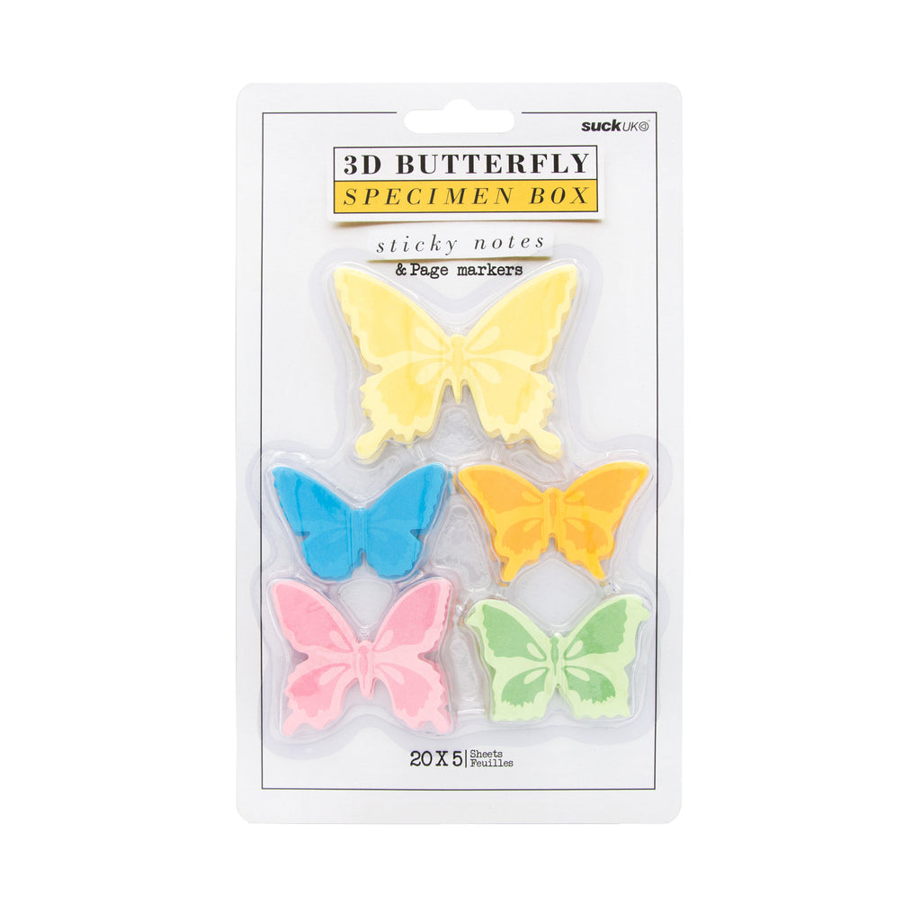 Sticky notes which are both handy, and pretty. Use these for notes, reminders, page markers, study prompts, and more! Pack contains 5 butterfly sticky note pads, various sizes. Recyclable packaging.