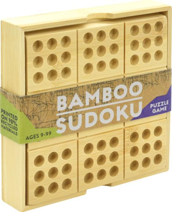 A classic logic-based puzzle game made completely of bamboo and recycled materials. This set comes with a booklet of sudoku puzzles and all the pieces necessary to play and learn. Comes with 30 Sudoku puzzles and numbered pegs. Ages 9+ Made from sustainable and recycled materials.