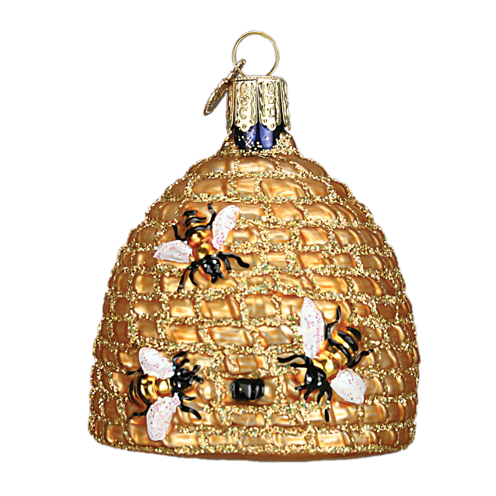 A Bee Skep is a coiled straw hive that was used before today's modern hives. Bees are very industrious, and they must work together to produce the honey to insure the hive's survival. This beautiful glass ornament symbolizes the diligence and teamwork that are often necessary to achieve lifes great rewards.