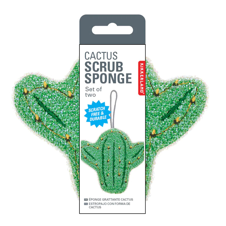 Safely scrub away pesky dried-on food from your dishes with these whimsical cactus-shaped scrub sponges. Great for use on crockery and pans, and will not scratch. Safe on all dinnerware and cookware surfaces Set of two sponges Size: 4: x 5&quot;