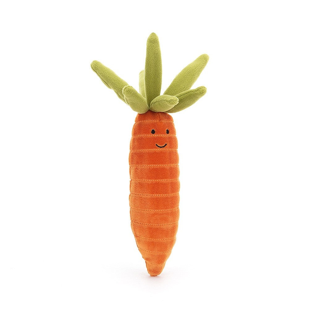 Cordy, colorful, cute and kooky, that's Vivacious Vegetable Carrot! Gorgeously textured and squeezably soft, this bright orange buddy has a punky green leaf-do! A veggie with plenty of energy, this smiley carrot knows the best produce parties! Size: 7" x 2" For all ages. Suitable from birth. Hand wash only.