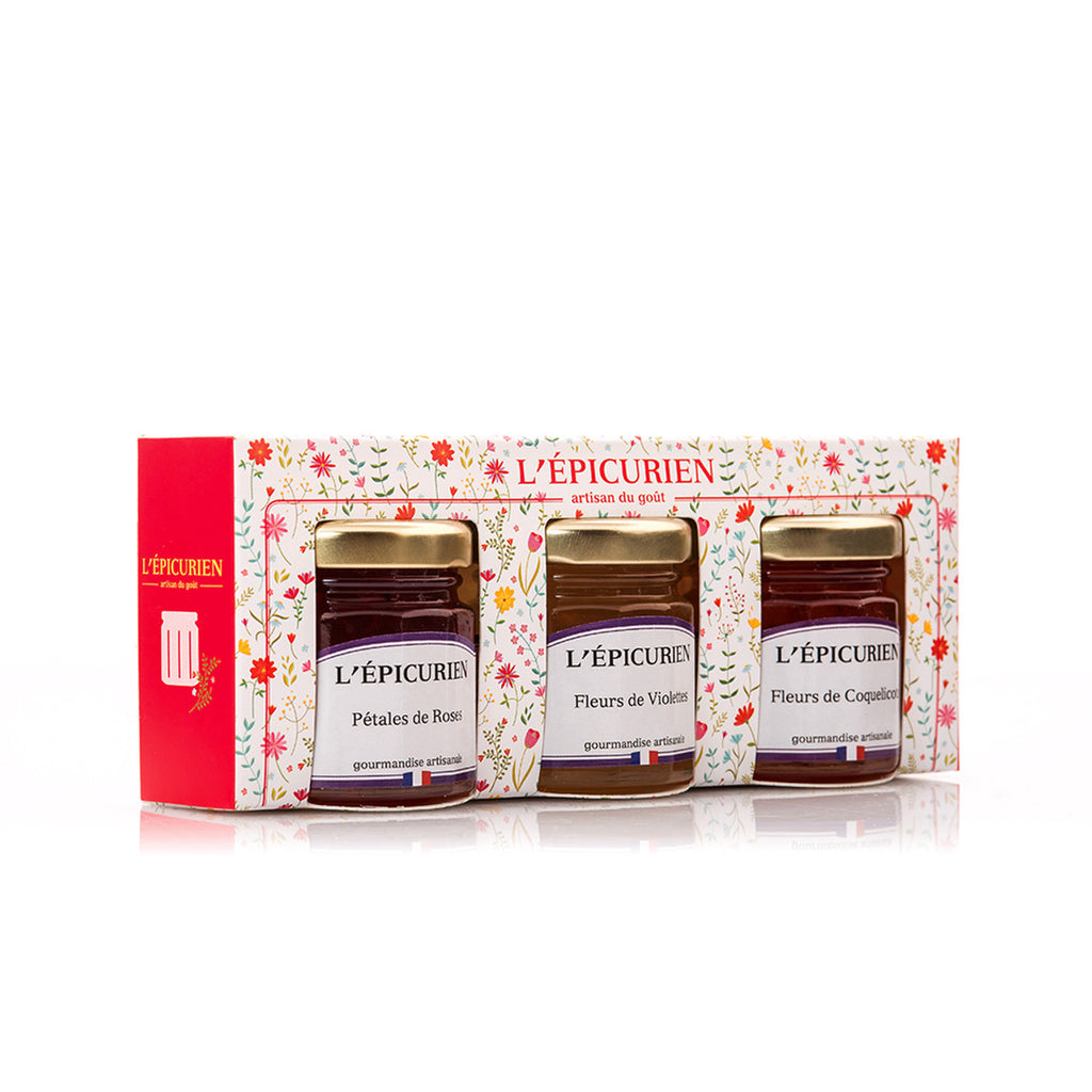 The perfect gift for Spring, each gift set contains Confit of Violet, Confit of Rose, and Confit of Red Poppy. With this gift set, your cheese board will look and taste like spring! Made in France. Set contains 3 mini jars, 1.8oz each.