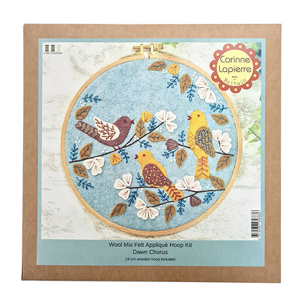 This kit featuring three singing birds includes high quality wool mix felt in 5 shades and 12 assorted DMC threads, needle and a 7" wooden hoop. Kit is suitable for beginners and more advanced crafters looking to develop their sewing skills. Follow the suggested patterns or use your own ideas. Finished item: approx 9".