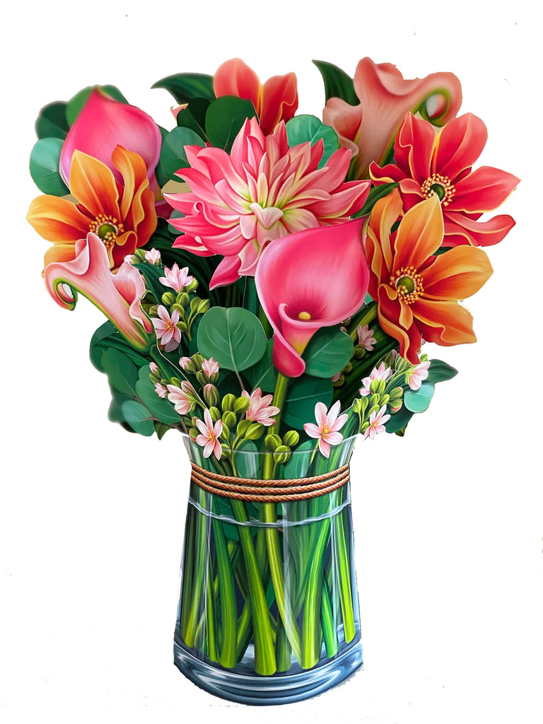 The Dahlia is the centerpiece of this colorful pop-up bouquet. Accented with Cala Lily’s and eucalyptus branches, this bouquet delivers a smile that will endure as long as the never-wilt, recyclable blossoms. 100% recyclable, plus one tree is planted for each bouquet sold.  9" x 11".  Note card & envelope included. 