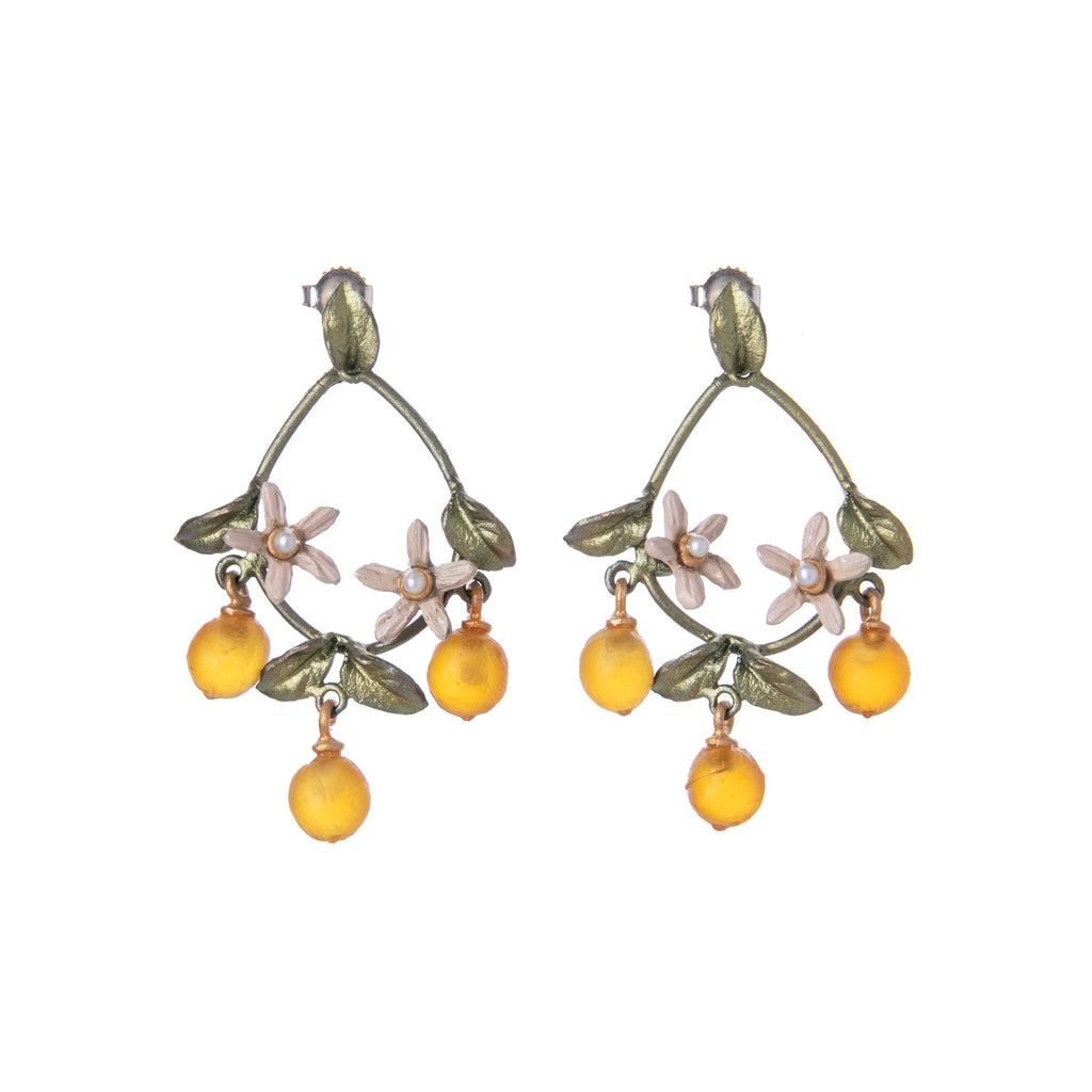 These beautiful orange blossom earrings are both dainty and striking. Made from lightweight cast bronze and hand finished with matte white silver, 24k gold, genuine freshwater pearls and cast glass. Pair with a floaty dress or wear as an accent piece to jeans and a white tee. 1.5"x 1". Made in the USA.
