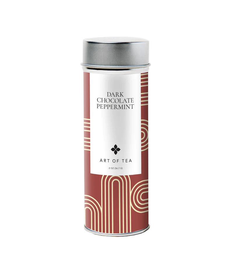 Dark Chocolate Peppermint Loose Tea Tin Tasting notes: Bold, Minty, Sweet. A sweet, aromatic blend. Thick and dark once steeped, Dark Chocolate Peppermint tea joins notes of cooling mint with the taste of smooth, decadent chocolate in a bold infusion. 2.5 oz tin