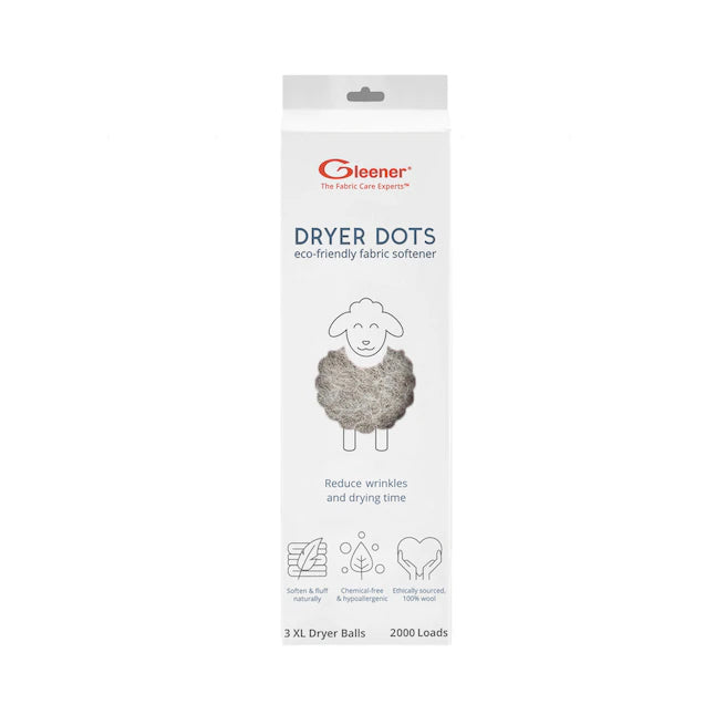 Soften laundry and reduce drying time naturally with Gleener Dryer Dots. Made with 100% ethically sourced wool.  Hypoallergenic and biodegradable. Free of harmful chemicals, toxins, carcinogens, or perfumes. Reduces drying time by up to 30%. Naturally soften over 3000 loads or 3 years’ worth of laundry.