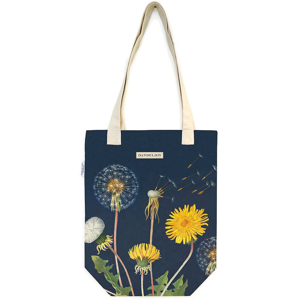 The perfect market tote bag! This 100% natural cotton heavyweight tote bag features an interior pocket and stunning vintage botanical art depicting a dandelion in different stages of growth. A practical and pretty carry-all for any store trip, big or small. 13" x 16"