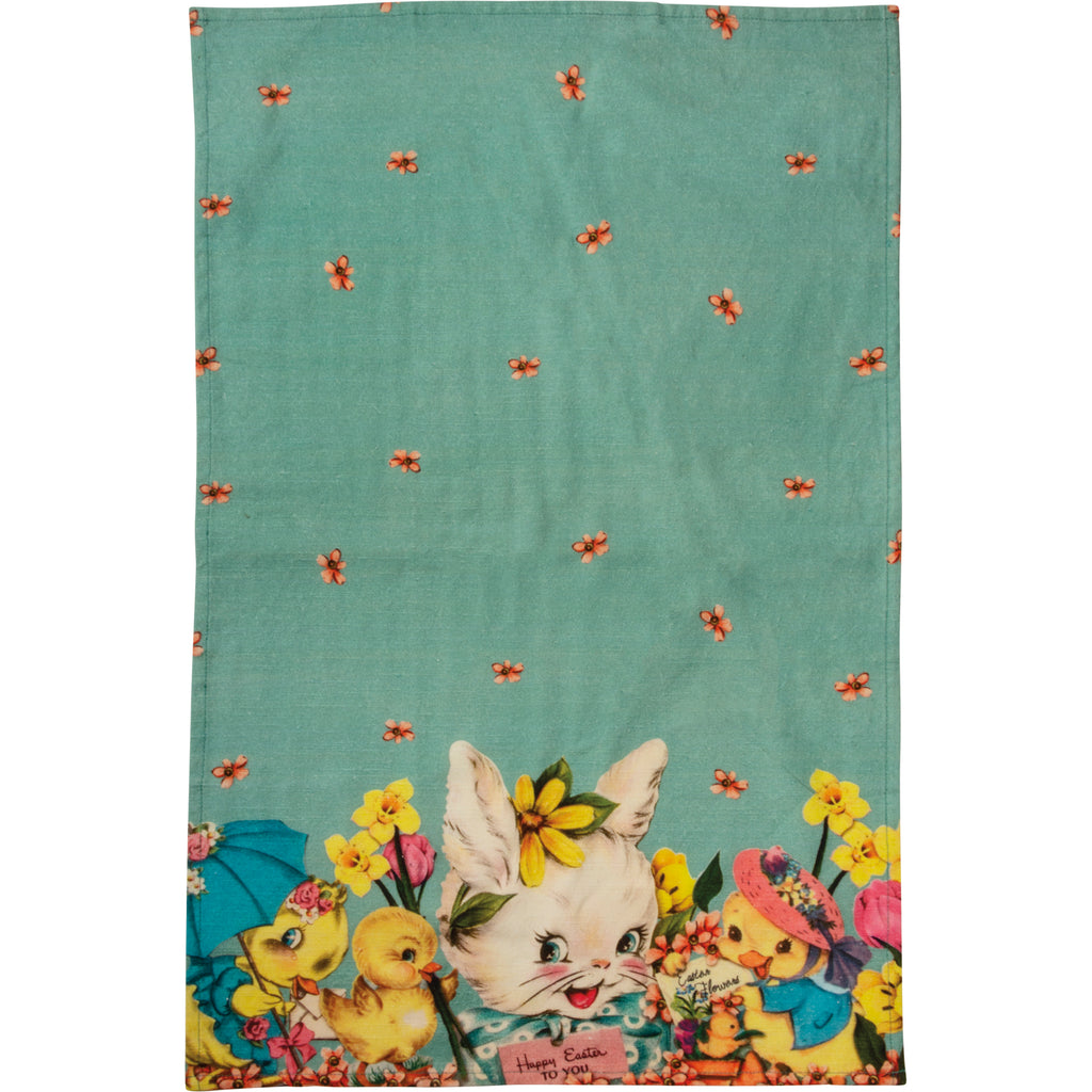 A cotton kitchen towel featuring an all-over floral design and vintage archive Easter animal designs with "Happy Easter To You" sentiment. Towel is woven with textured slub fabric and features cotton tape loop in corner for hanging. Machine-washable. Size: 18" x 28" 100% cotton Machine washable.