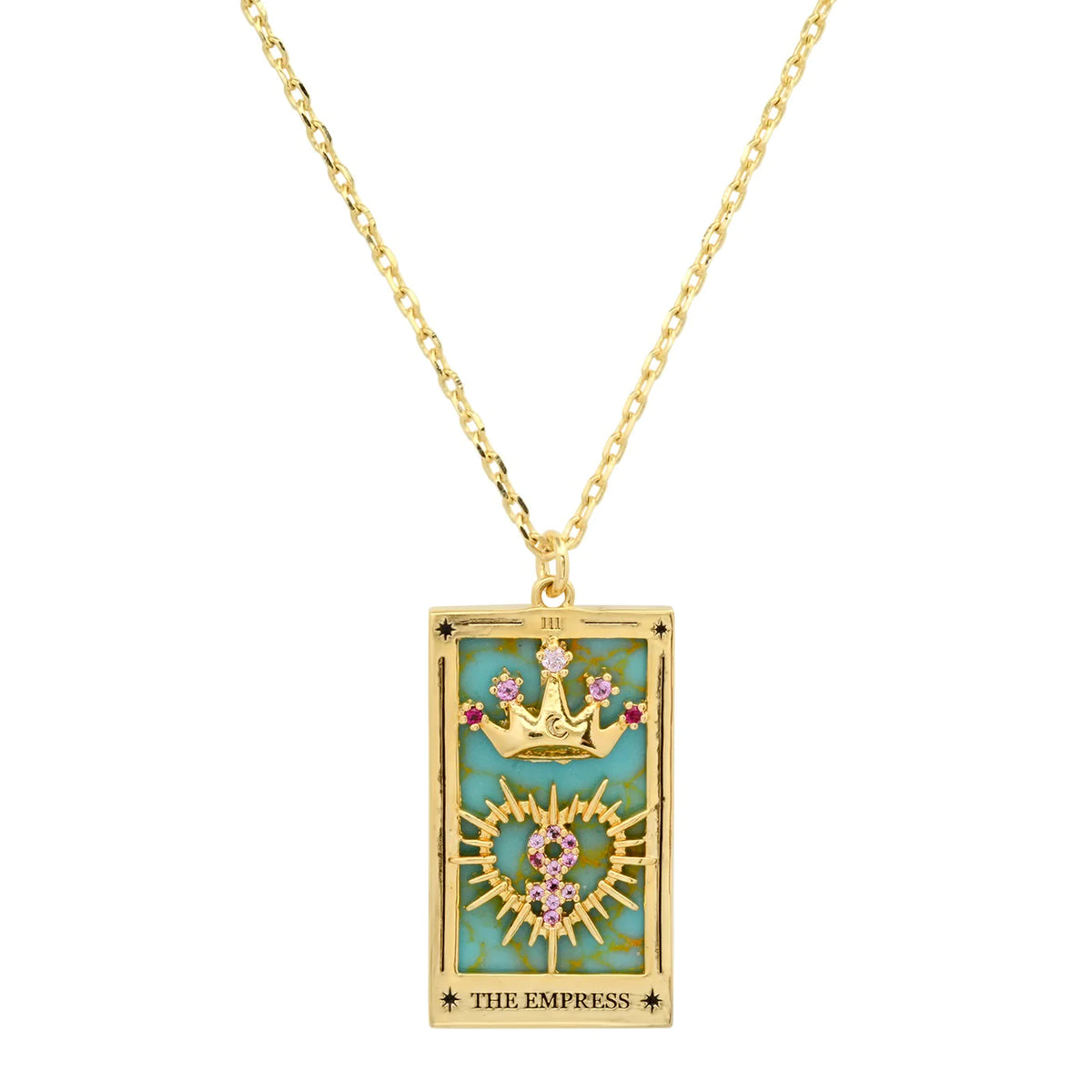 The Empress sits on a throne wearing a starry crown, holding a scepter in one hand. She is associated with maternal influence and is the card if you are hoping to start a family (or something new!) as she often represents the creation of life, art, romance, or a new business. Gold-Plated Brass, Turquoise, CZ. 16&quot;-18&quot;.