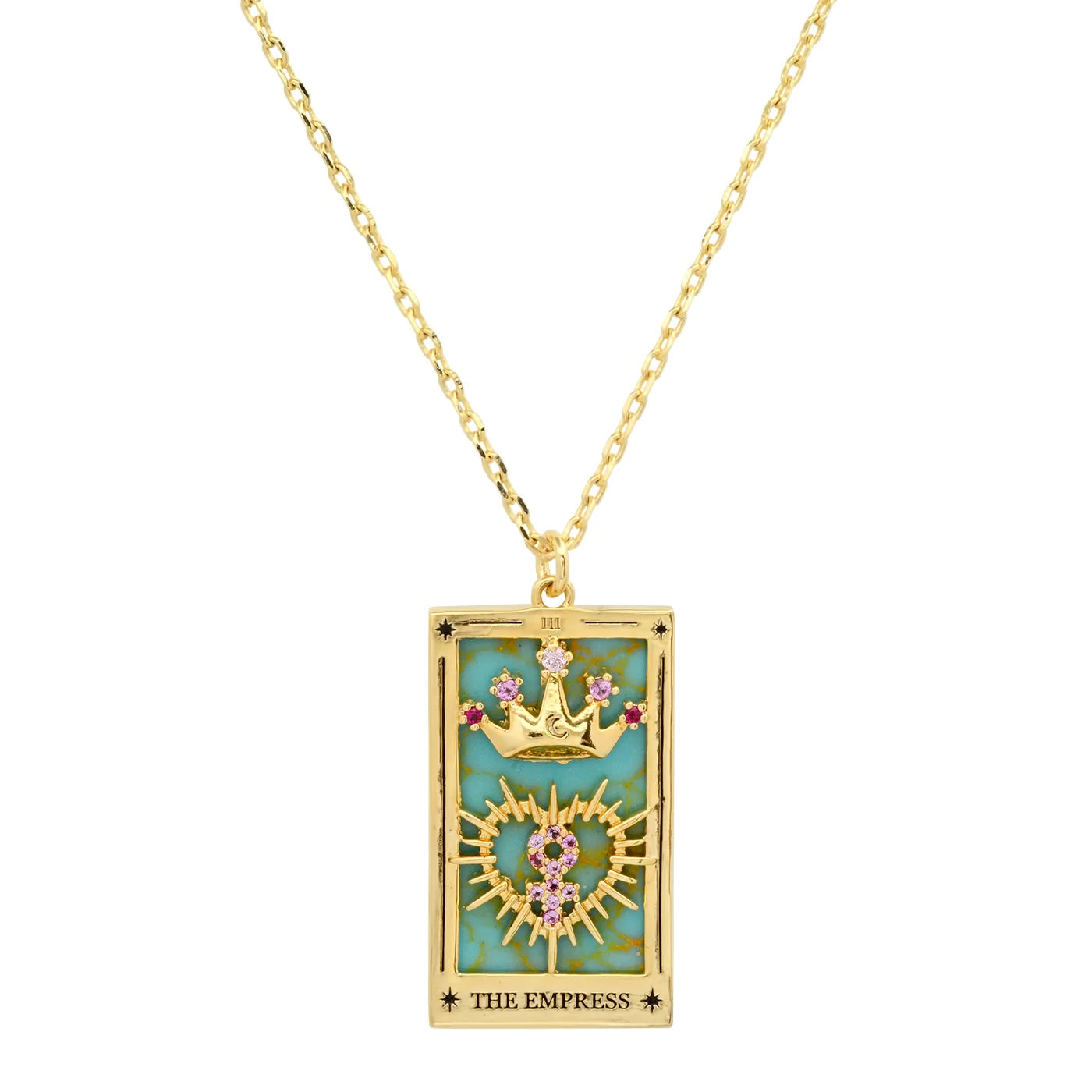 The Empress sits on a throne wearing a starry crown, holding a scepter in one hand. She is associated with maternal influence and is the card if you are hoping to start a family (or something new!) as she often represents the creation of life, art, romance, or a new business. Gold-Plated Brass, Turquoise, CZ. 16"-18".