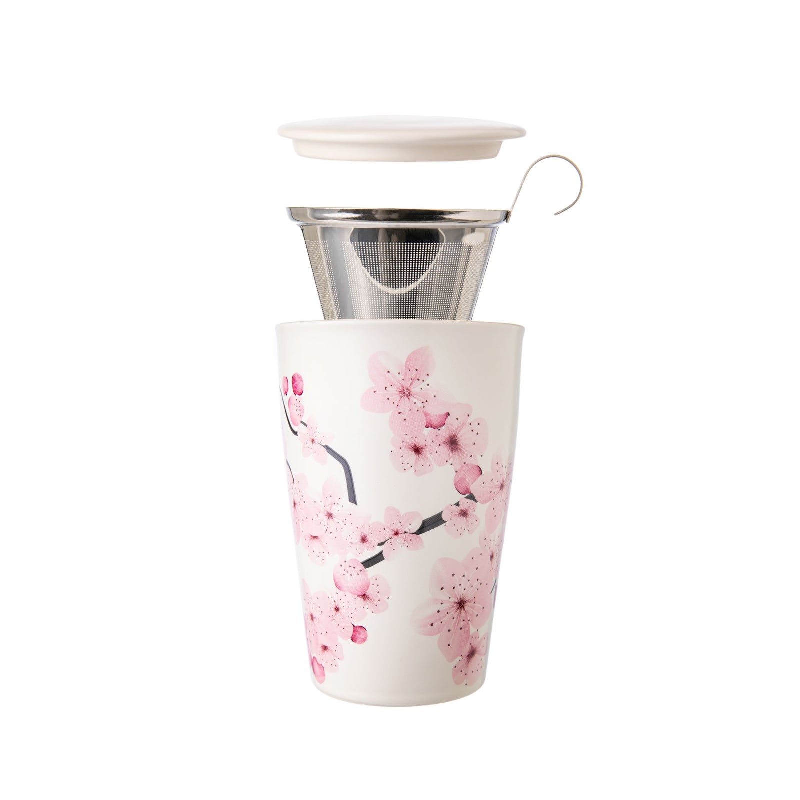 Beautifully designed and super convenient! All in one: brew your tea and off you go. Decorated with pretty pink cherry blossom, this is the perfect cup for your Hanami picnic! Comes with a stainless-steel infuser for loose leaf tea and a ceramic lid.  Microwave and dishwasher safe 5"h Brews 12 oz