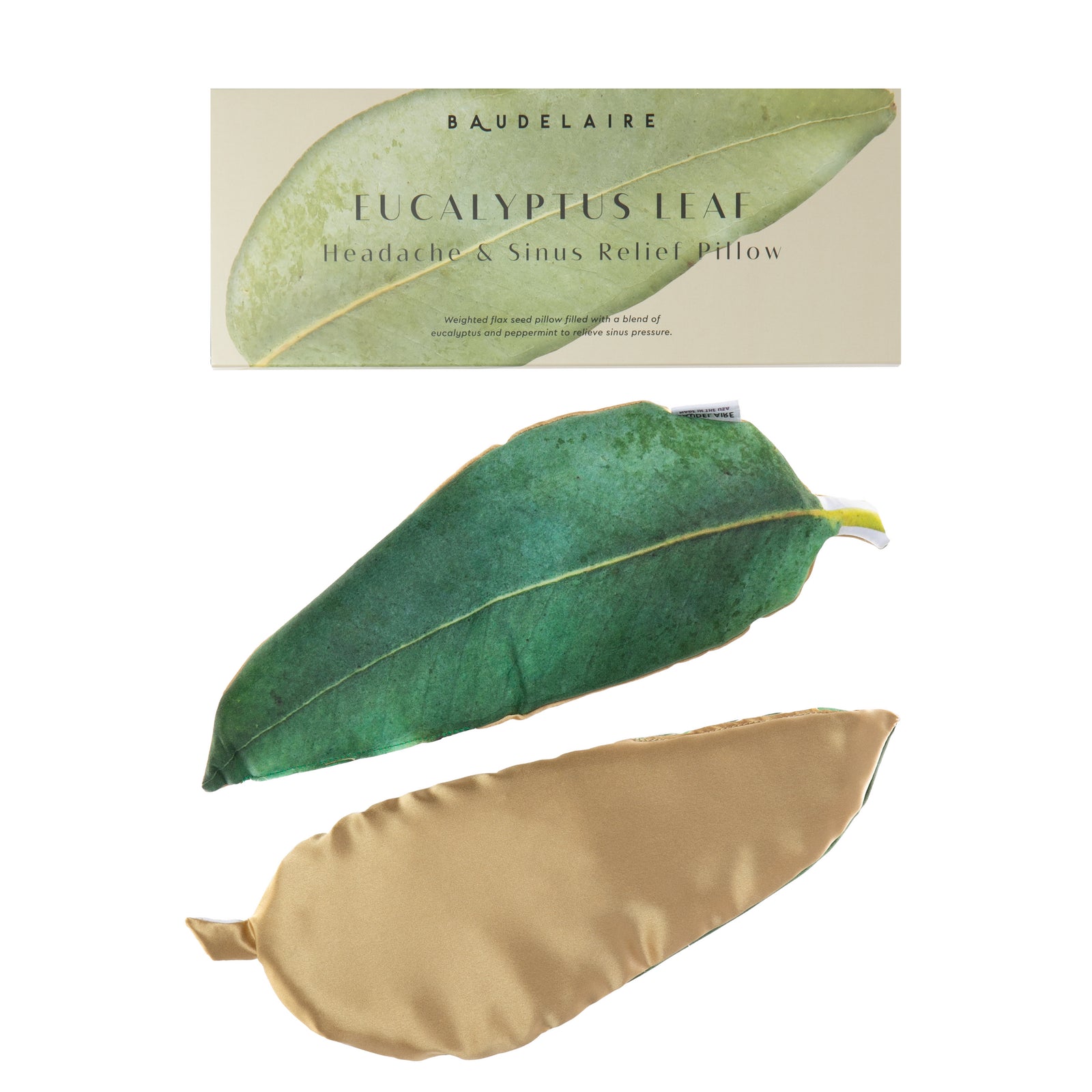 The soft scent of eucalyptus and peppermint, paired with the weighted stimulation of flaxseeds, is the perfect combination to help relieve sinus pressure and promote relaxation. Featuring a eucalyptus leaf printed on cozy organic cotton on one side and a cooling natural silk Charmeuse on the other. Size 4.5" x 12".