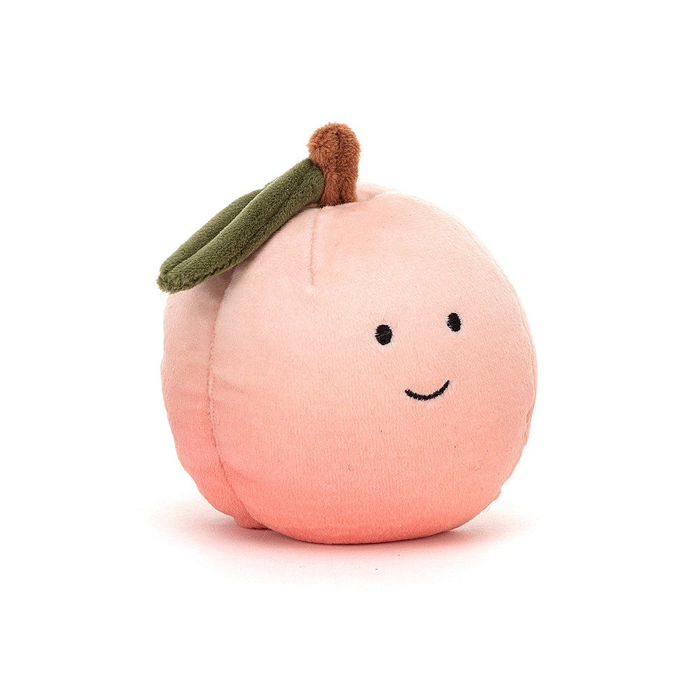 Tubby and fuzzy in cozy pink, it's Fabulous Fruit Peach! A stretchy-soft ball of scrumptious sweetness, this neat little fruit brightens up the bowl. Rocking a brown stalk and little green leaf, this little peach is looking pretty perfect! Size: 4" x 3" . Suitable from birth. Hand wash only.