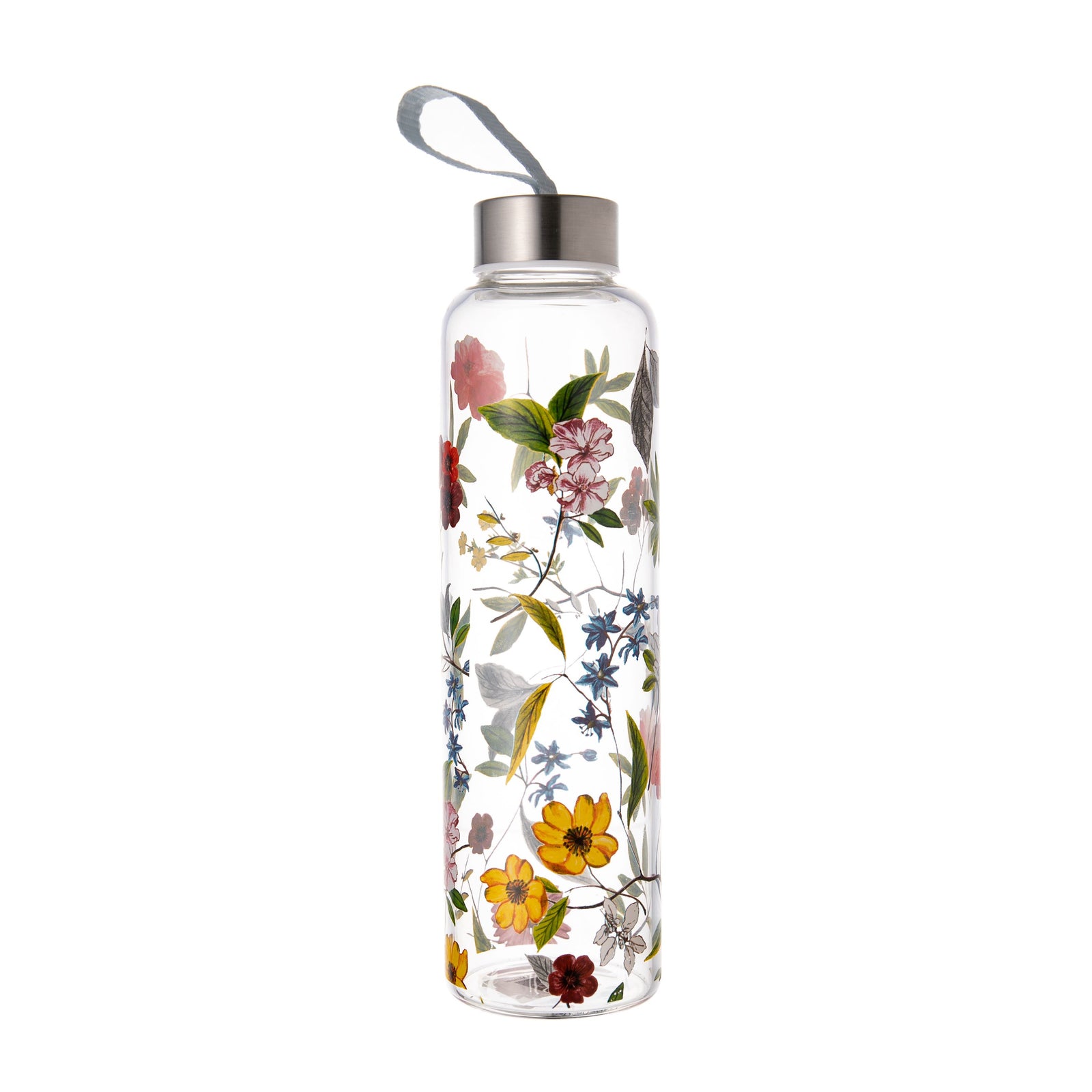 Pretty up your water game with this floral-patterned glass water bottle. Made of heat-resistant, tough borosilicate glass. Perfect for hikes, picnics, and anywhere you might need a little portable hydration. 18.6 oz. Heat-resistant borosilicate glass. Includes stainless steel cap and fabric carrying strap. Handwash.