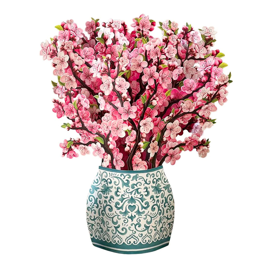 Send a life-sized bouquet of pink cherry blossoms with this stunning pop-up greeting. This charming display will remain in bloom year-round accompanied with an ornate paper vase. Comes complete with a notecard. 100% recyclable, plus one tree is planted for each bouquet sold. Approx size: 9" x 11" Note card included.