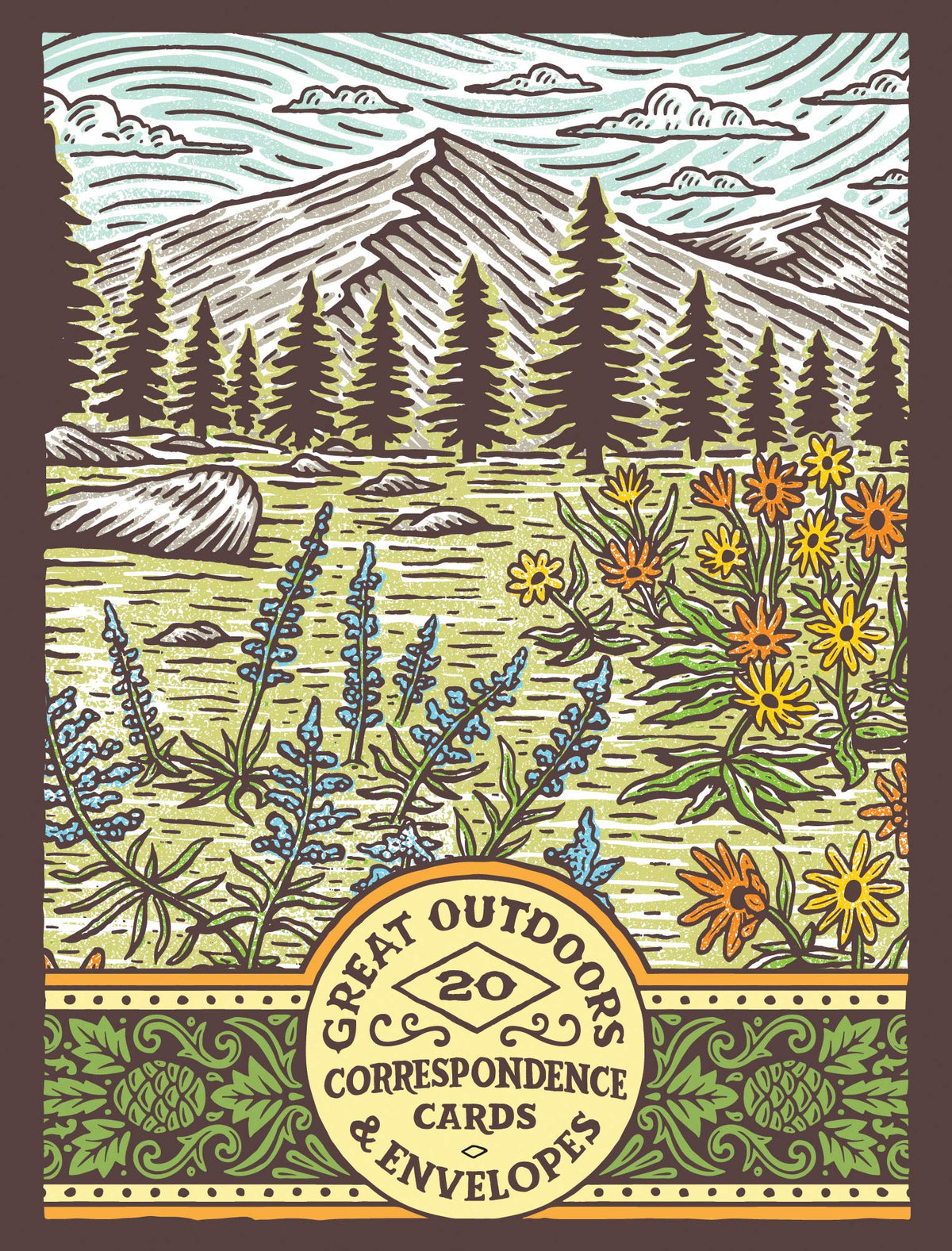 These cards feature stunning woodcut-style illustrations depicting a range of natural landscapes, from luscious woodland forests, stunning mountain waterfalls, and gorgeous wildflower fields to golden cactus-filled deserts and dreamy beaches. 20 correspondence cards and envelopes; 10 designs repeating twice.