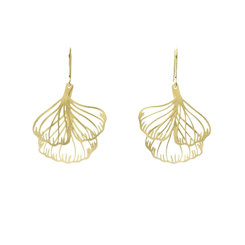 Gold earrings featuring two layered Ginkgo leaves. They are light enough to wear all day long, yet striking enough to add a delicately pretty pop to eveningwear. Gold plated over brass Sterling silver gold plated ear wires Length approx 1". Width approx 1"