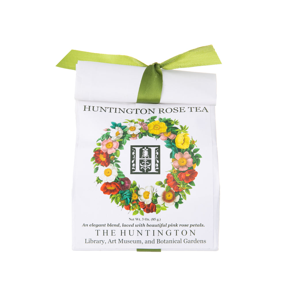 For decades, visitors have flocked to The Huntington's Rose Garden Tea Room for afternoon tea. Now you can treat yourself to the same tradition at home with our exclusive blend of rose tea. Hibiscus and rosehips lend a fragrant note to a robust black tea.  3-ounce bag containing loose leaf tea.  