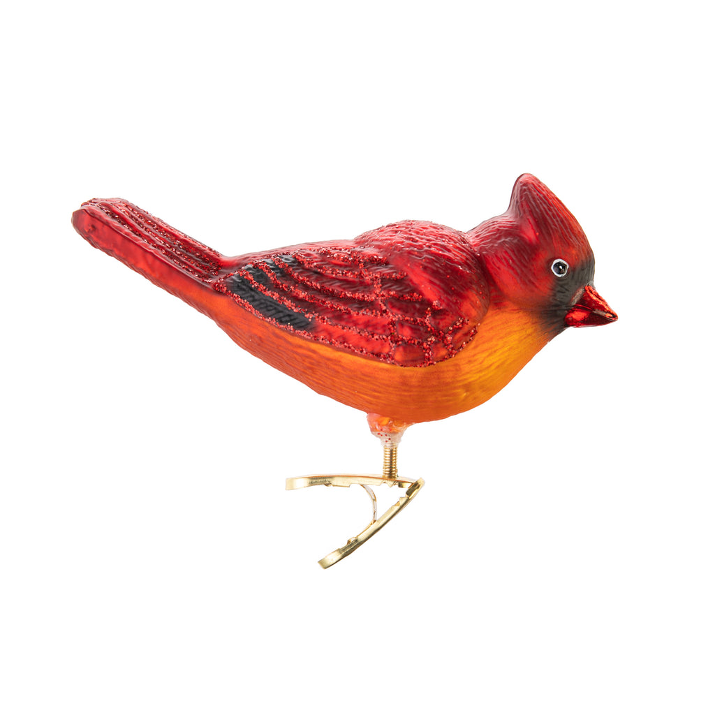 Birds are symbols of happiness and joy, so they are regarded as a necessity on the Christmas tree. This beautifully detailed bright red cardinal is sure to add more holiday cheer to your tree. Hand blown glass ornament. Hand painted and glittered. Clips securely to tree branches. Size approx 5" x 3".