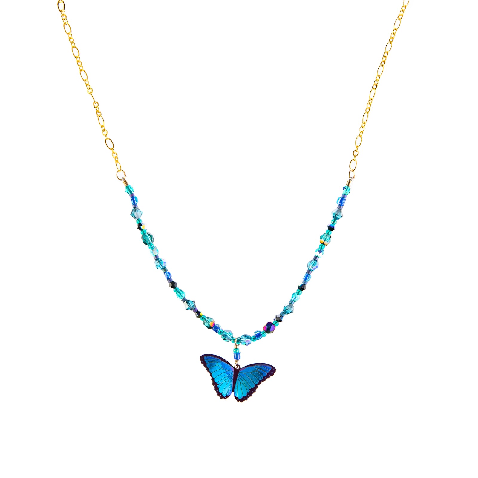 Add a flutter of irridescent color to your look with this stunning blue butterfly necklace. Hand threaded accent beads compliment the butterfly charm. • Niobium • Gold filled chain • Chain length 16", adjustable to 18"
