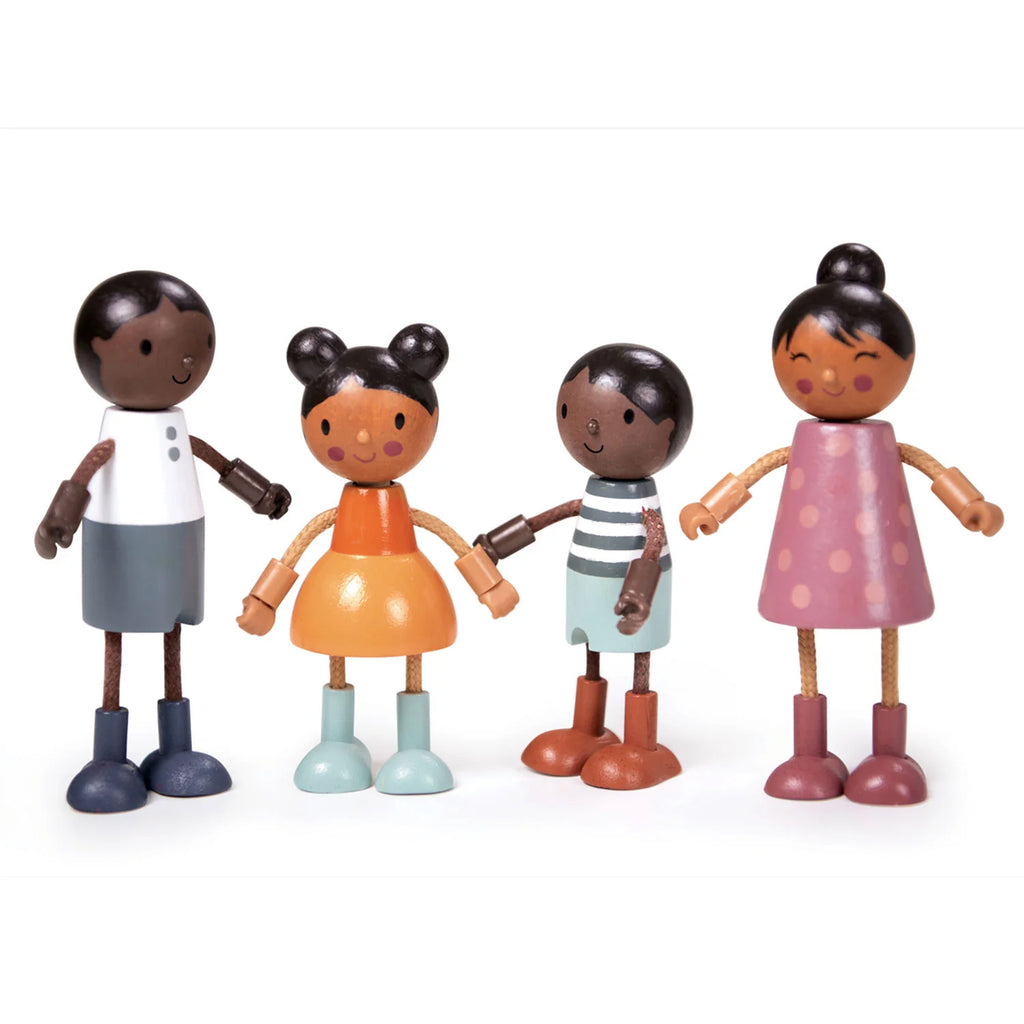 A multicultural poseable wooden family with flexible arms and legs for creative play. Set Includes Mum, Dad, little girl and little boy. Made by Tender Leaf using only use sustainable and recyclable wood, and manufactured with a commitment to protect natural resources and replant 100% of the trees used. Age range: 3+. 