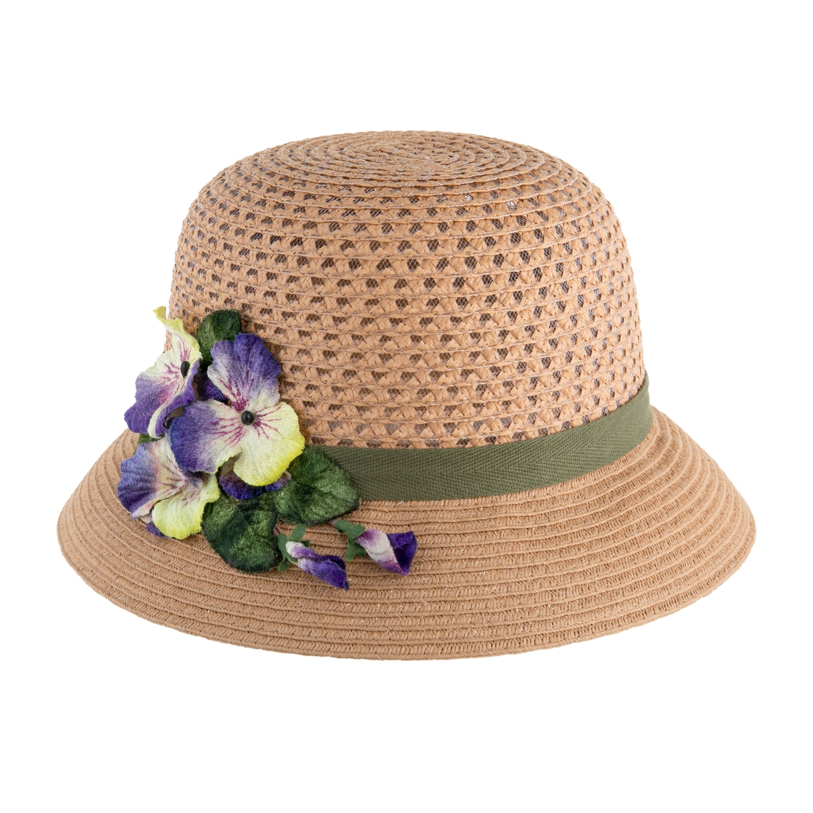Stylish sun protection can be yours in this beautiful pansy trimmed cloche style sunhat. Packable natural colored straw material with crocheted crown. Hat is fully lined for maximum sun protection. Olive green cotton hat band with pansy flower trim. Internal adjustable hat band. Crafted in the USA