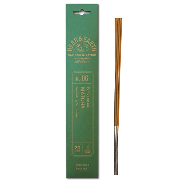 Herb & Earth natural bamboo incense sticks are of the highest quality and produce minimal smoke. Delicately fragranced with natural matcha. Natural bamboo incense sticks Fragranced with natural oils No artificial dyes Pack contains 20 sticks Approx 30 mins burn time per stick.