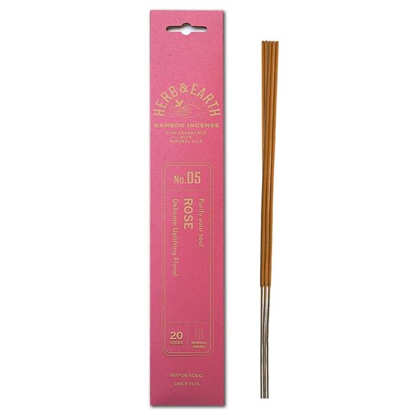 Herb & Earth natural bamboo incense sticks are of the highest quality and produce minimal smoke. Delicately fragranced with natural rose oil. Natural bamboo incense sticks Fragranced with natural oils No artificial dyes Pack contains 20 sticks Approx 30 mins burn time per stick.