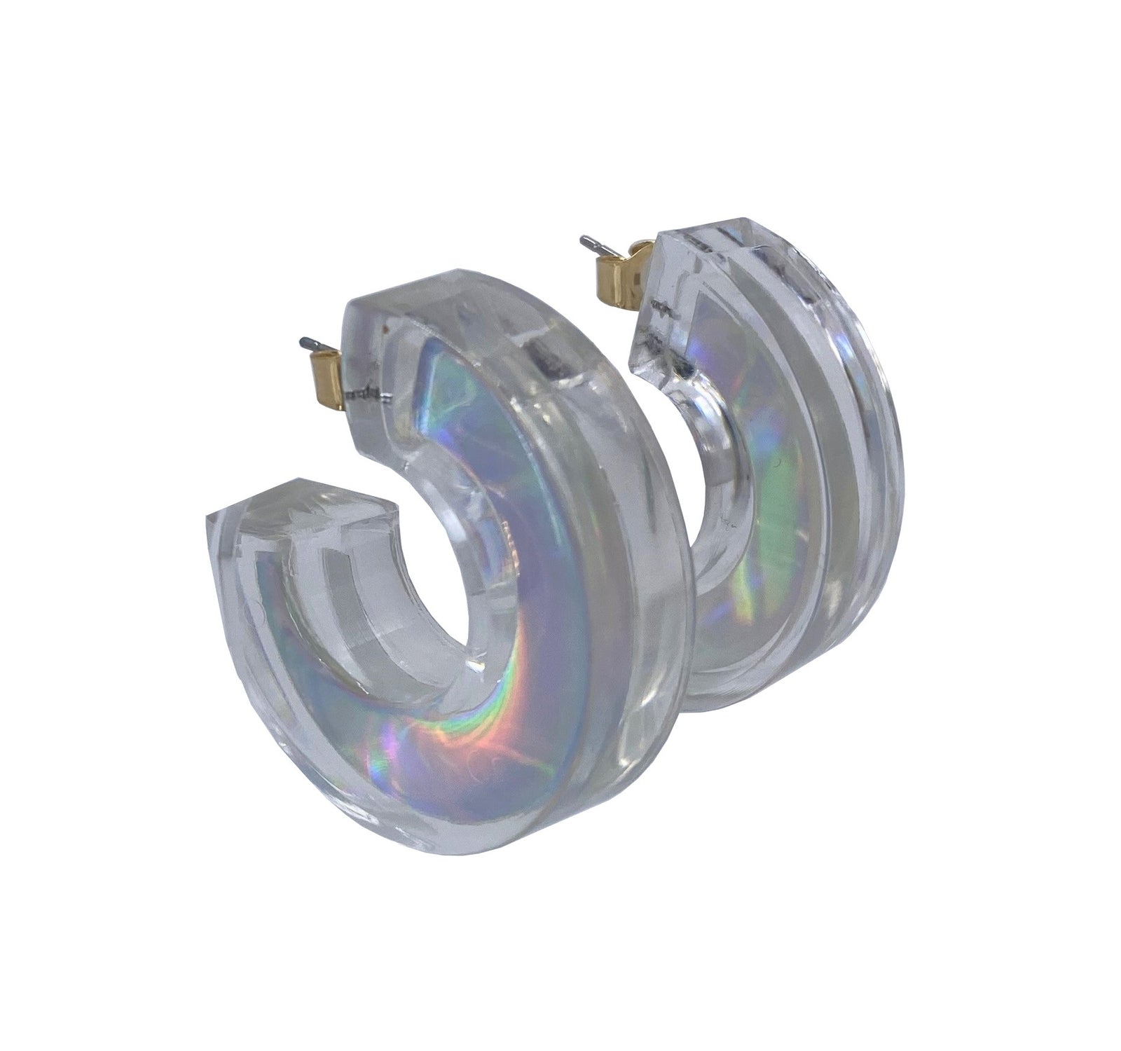 These striking hoop earrings are made from clear resign with an iridescent foil encased through the center, so that the earrings appear crystal clear from the front and have an iridescent sheen when viewed from the side. Acrylic resin 1.5" circumference, 3/4" width. Post earrings.