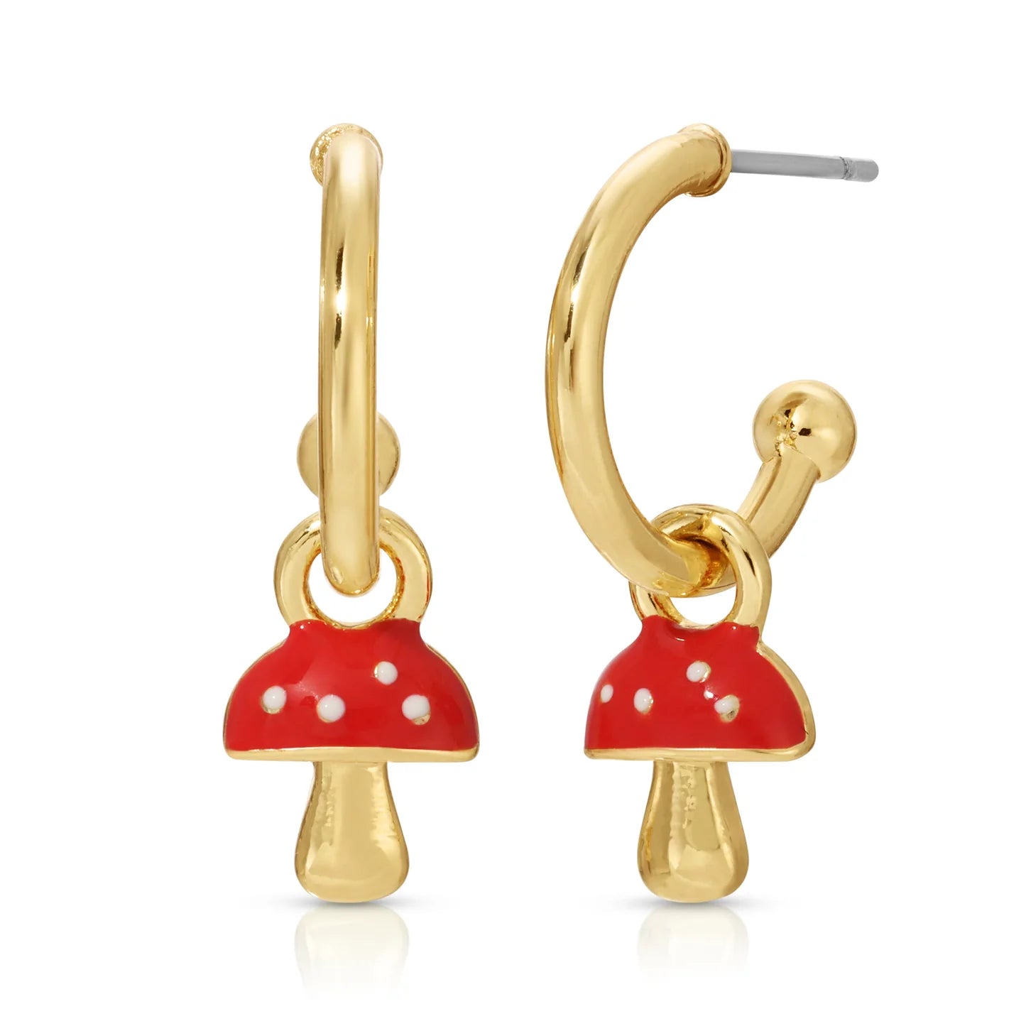 Make your own magic with these mushroom charm earrings. Mini, hand-painted enameled mushrooms loop onto 14k gold dipped hoops to add a playful touch to any outfit. Enameled charm earrings 14k gold dipped post hoops Hoop diameter approx: 1/2".
