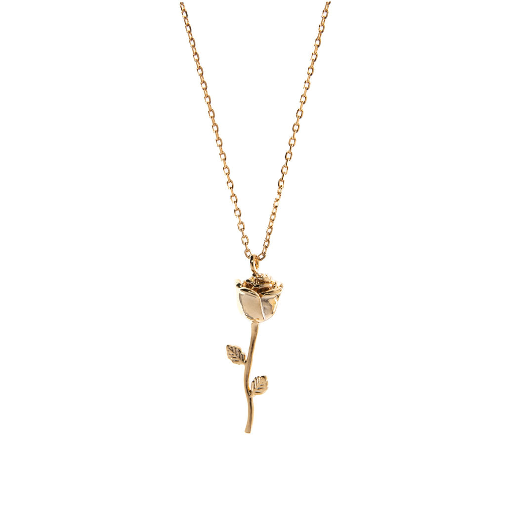This delicate necklace has a slim stem rose pendant on a fine chain, finished with a lobster clasp fastening. Wear this piece with other pendant necklaces for a gorgeous, layered look. Chain length - can be worn at 40.5cm (16") or 45.5cm (18") Pendant - width 7mm x height 25mm x depth 5mm. 18ct gold plated brass.