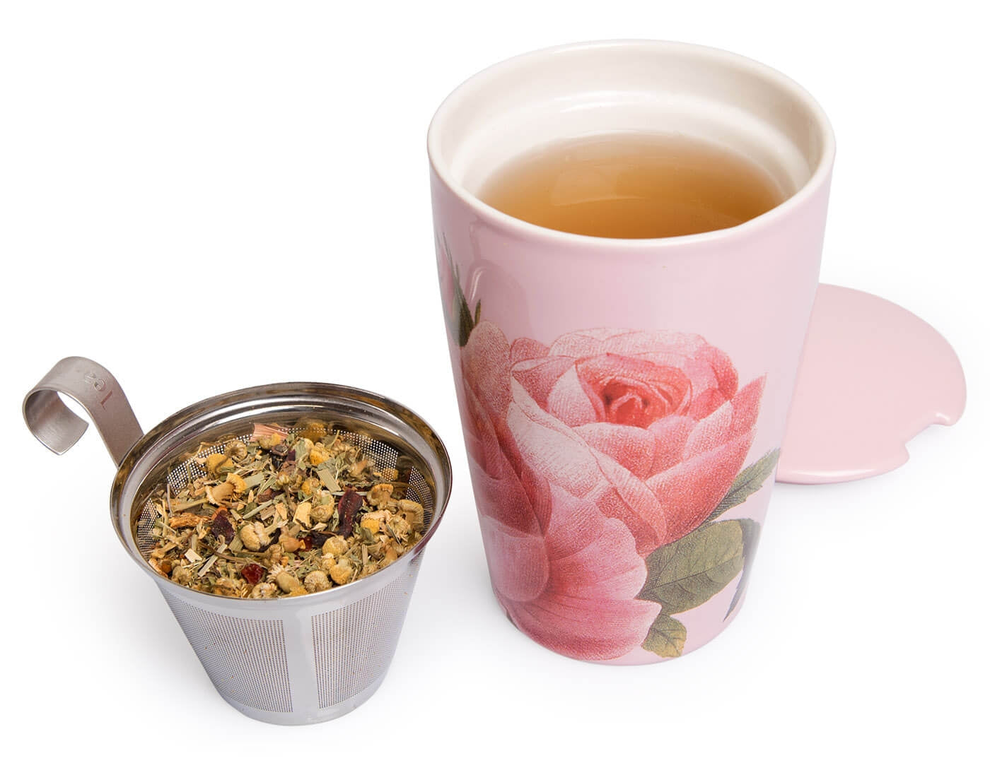 This double-walled ceramic tumbler and integrated stainless-steel infuser makes steeping loose tea by the cup easy. The innovative double-wall construction keeps the tea hot and the tumbler cozy to hold. Steeps 12 ounces. Ceramic cup & lid are microwave & dishwasher-safe. Rose-print design. 3.6 L x 3.6 D x 5.8 H"