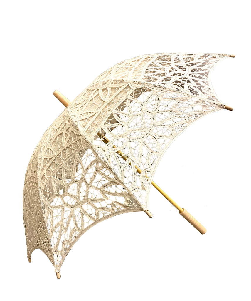 This beautiful, best-selling parasol is made from ivory cotton lace with a sun-proof lining to keep you sunburn-free when walking around our gardens, shopping, attending proms, weddings, parties — and more! Ivory cotton lace with polyester lining Wooden handle, metal spokes Diameter when open: 30"